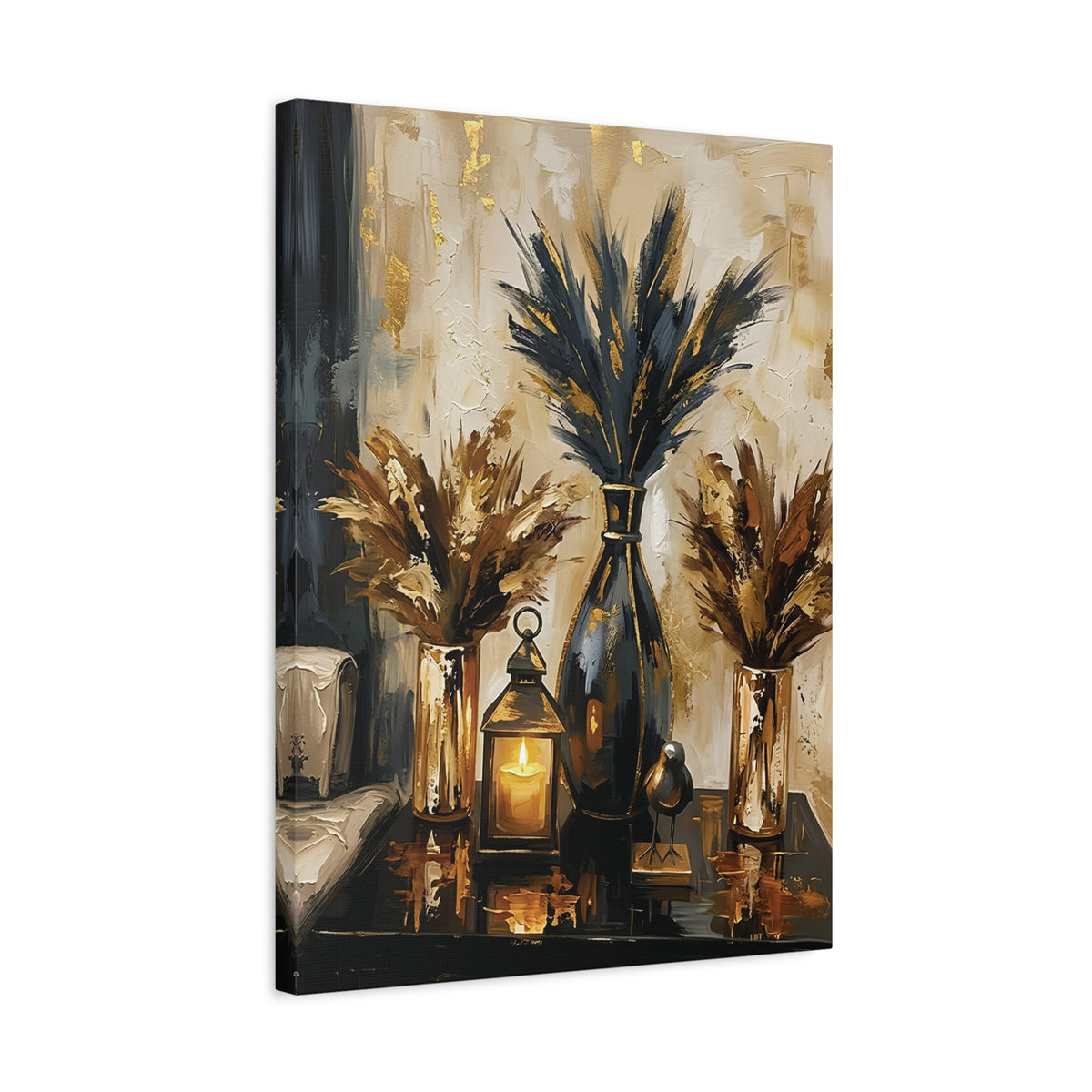 Blue and Amber Harmony – Pampas Still Life Stretched Canvas Wall Art