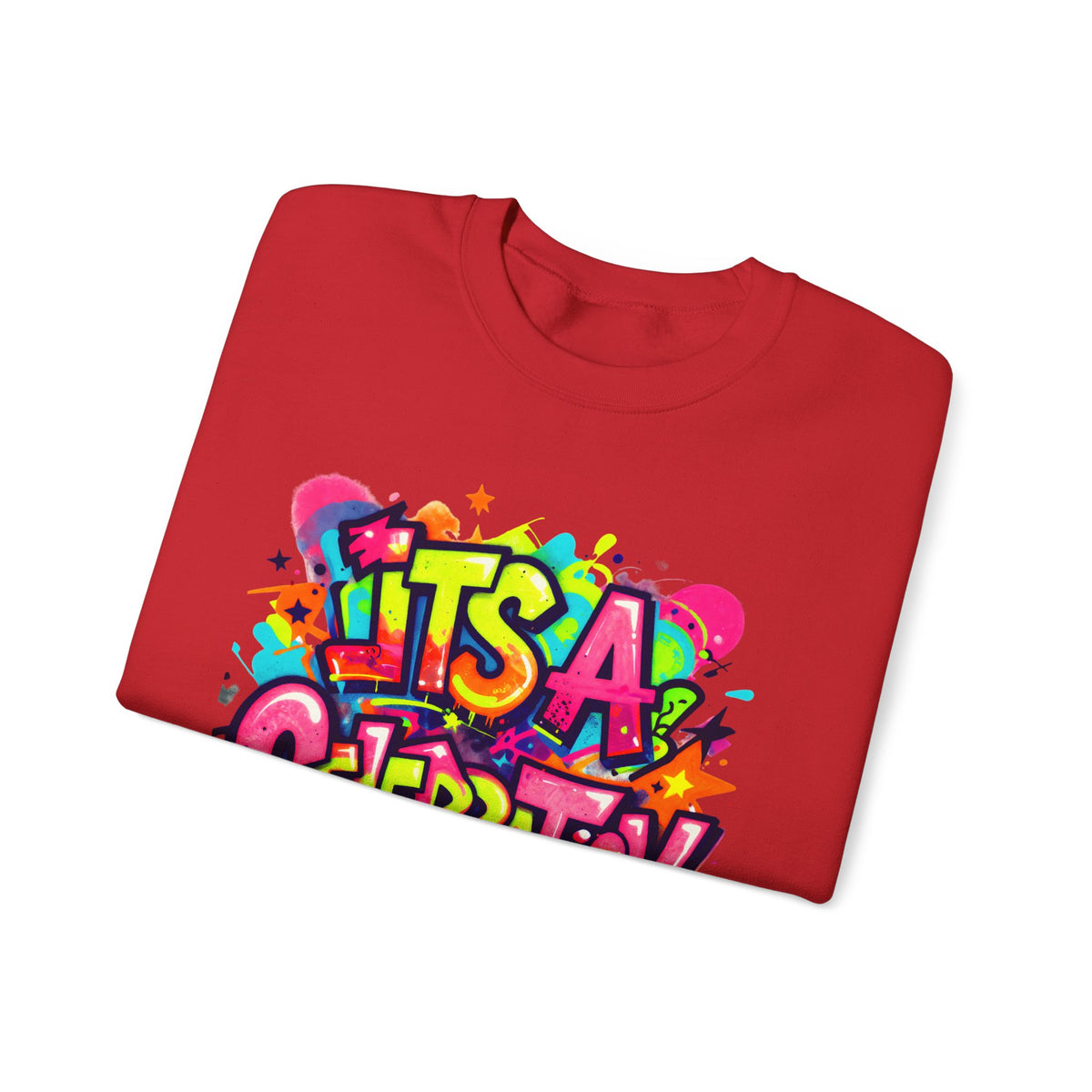 Crewneck Sweatshirt — Colorful "It's A Celebration" Graffiti Design