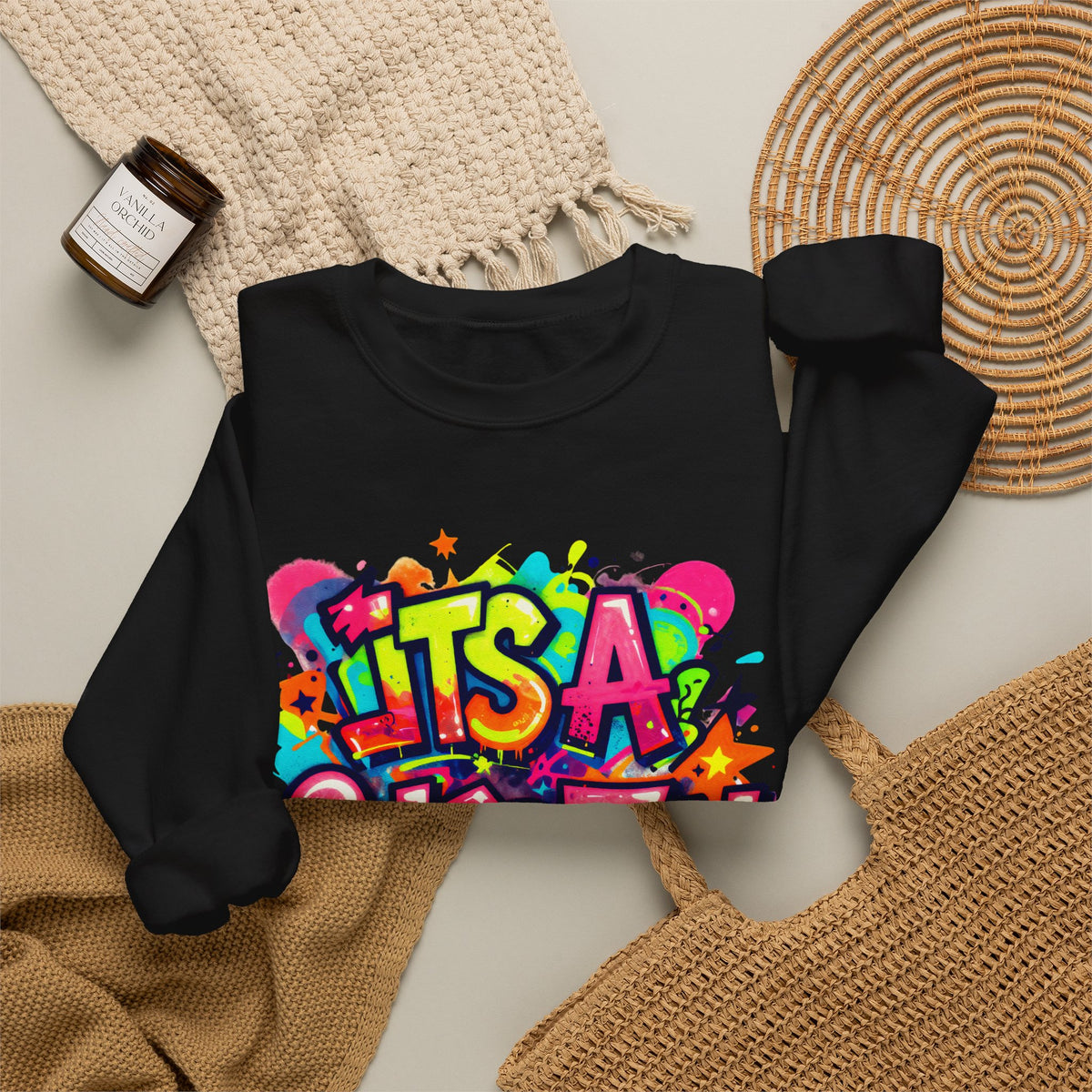 Crewneck Sweatshirt — Colorful "It's A Celebration" Graffiti Design