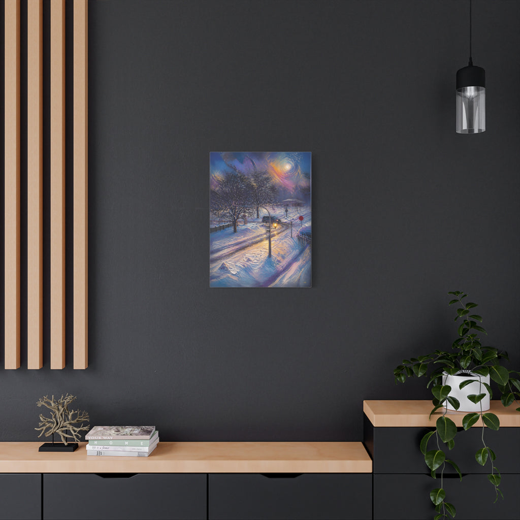 Moonlit Crossing – Snowy Street Stretched Canvas Wall Art