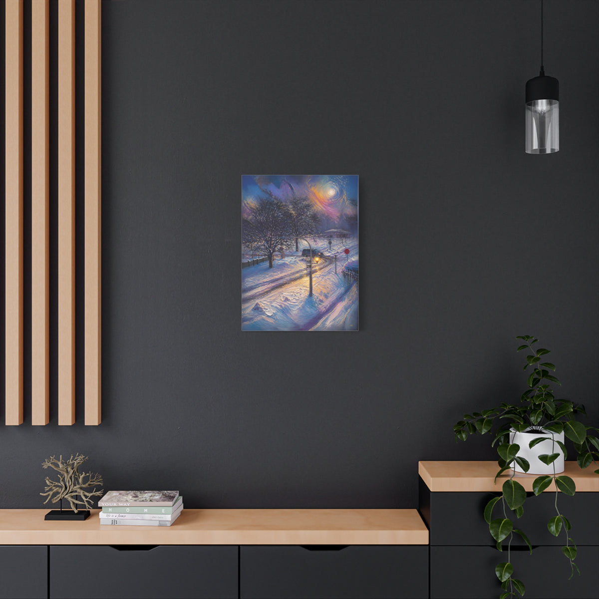 Moonlit Crossing – Snowy Street Stretched Canvas Wall Art
