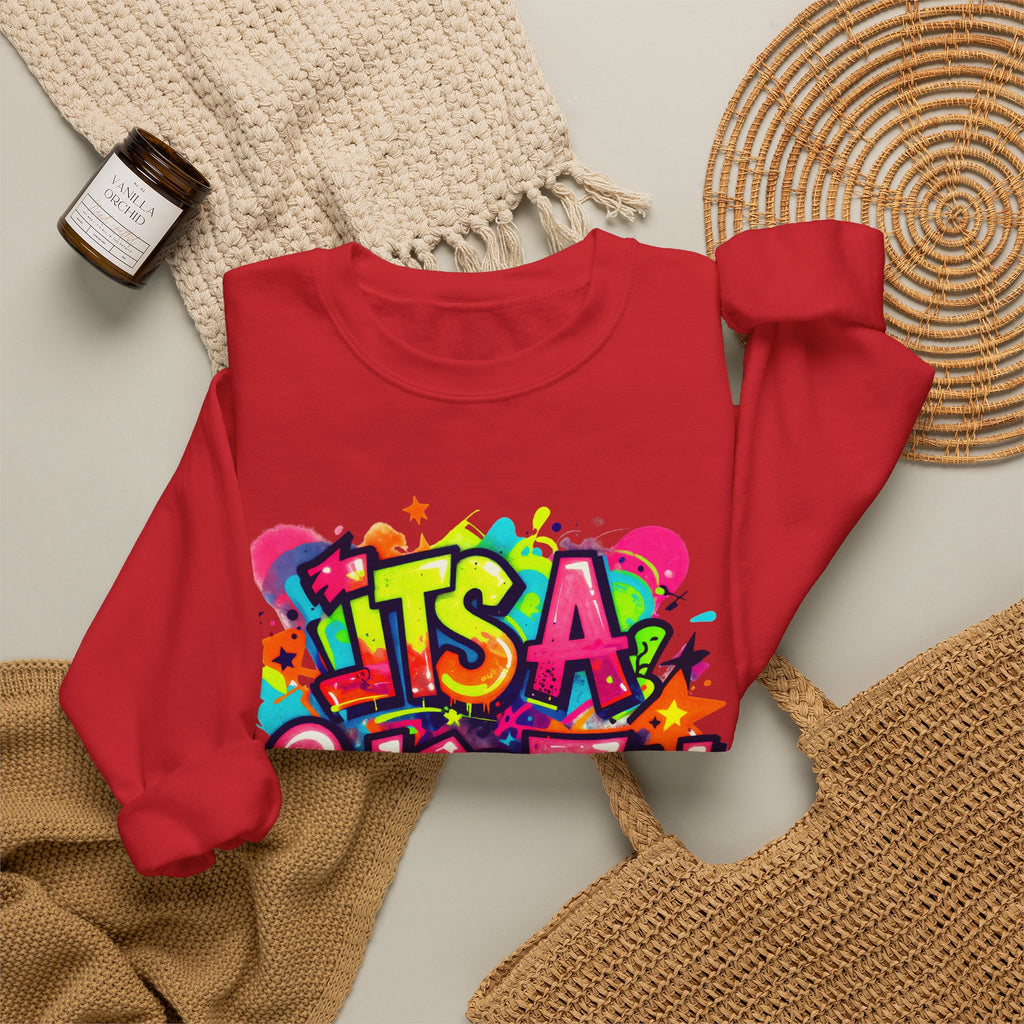 Crewneck Sweatshirt — Colorful "It's A Celebration" Graffiti Design