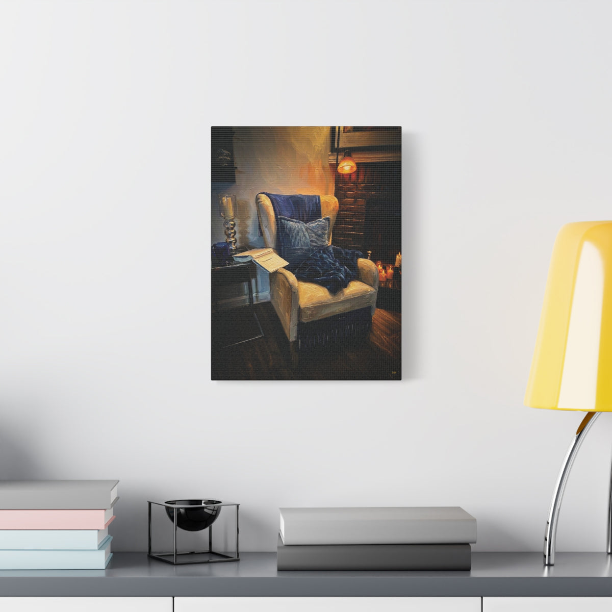 Fireside Retreat – Cozy Reading Nook Stretched Canvas Wall Art