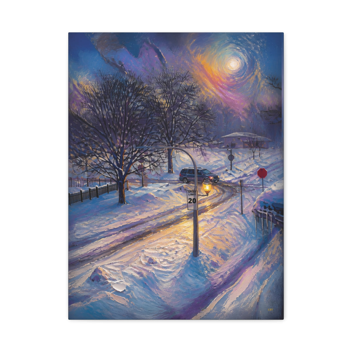 Moonlit Crossing – Snowy Street Stretched Canvas Wall Art