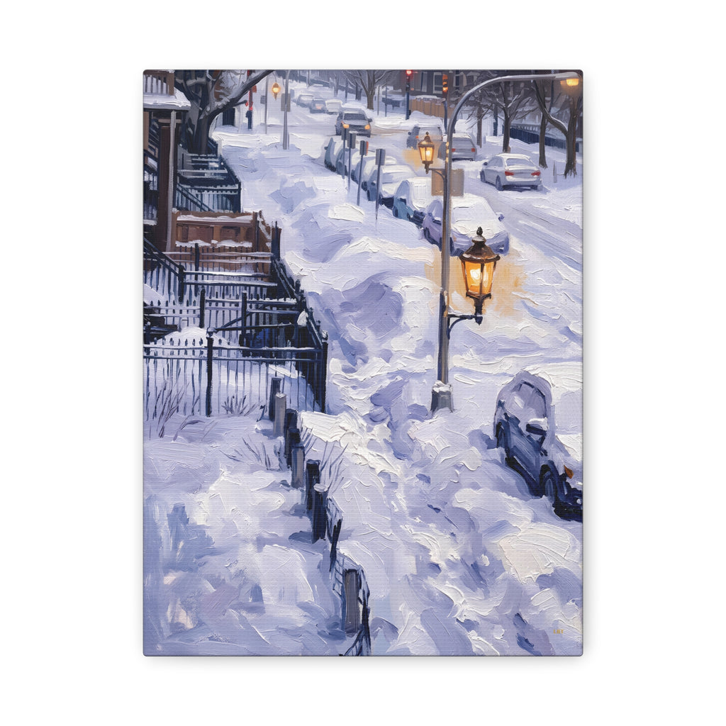 Winter Passage – Snowy Street Stretched Canvas Wall Art