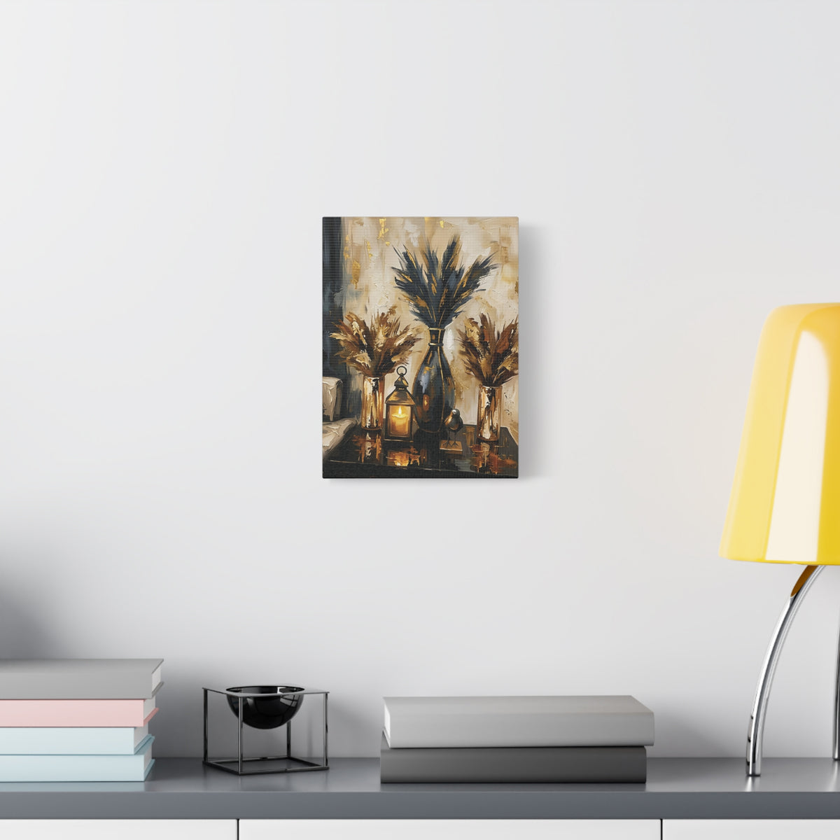 Blue and Amber Harmony – Pampas Still Life Stretched Canvas Wall Art