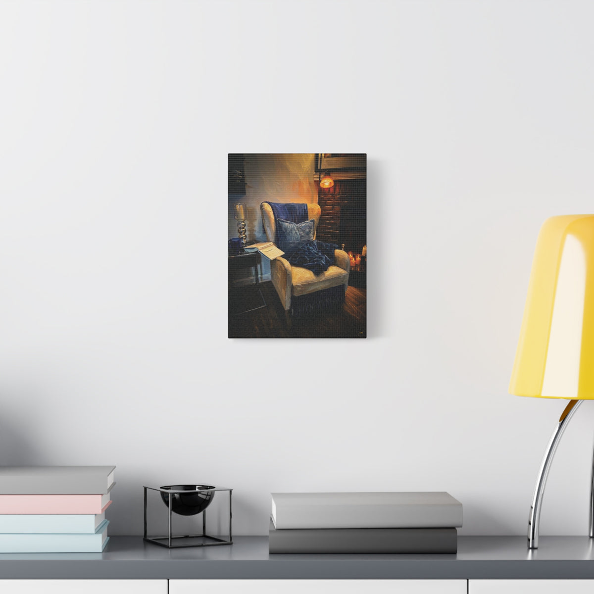 Fireside Retreat – Cozy Reading Nook Stretched Canvas Wall Art