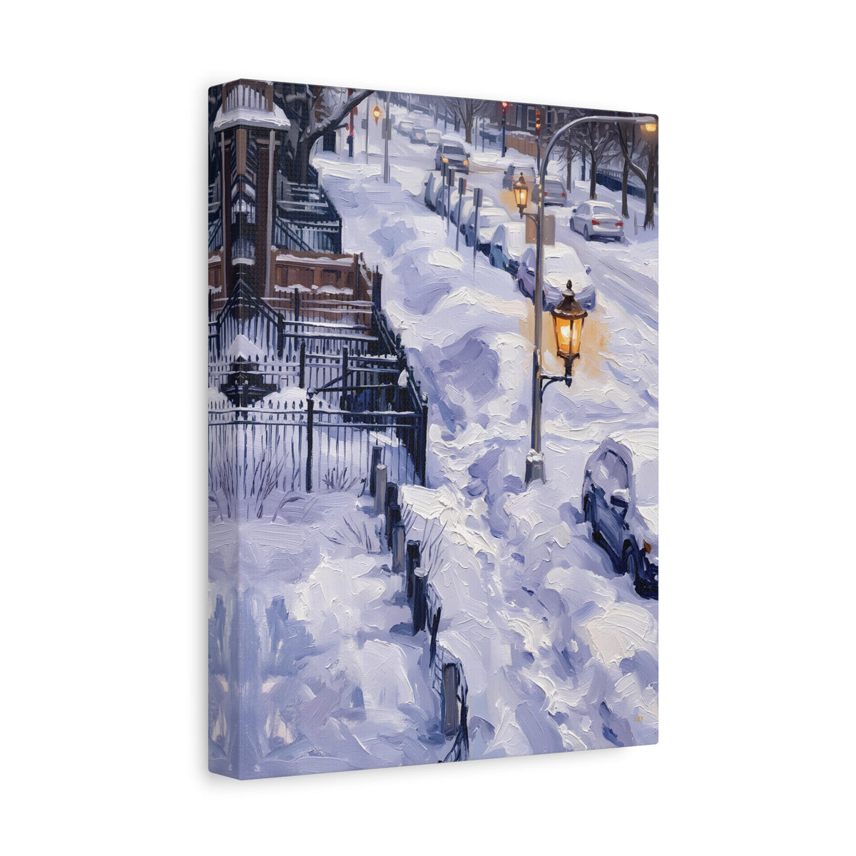 Winter Passage – Snowy Street Stretched Canvas Wall Art