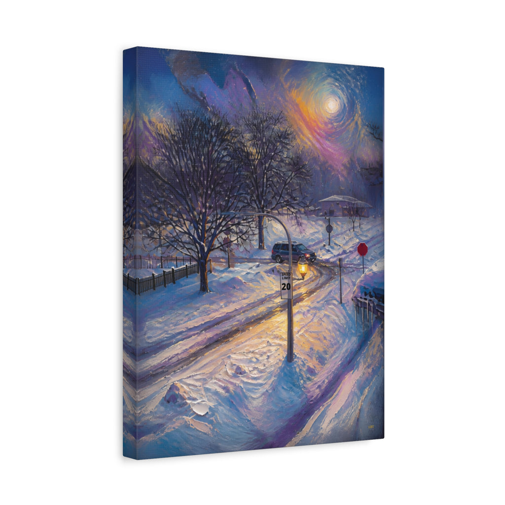 Moonlit Crossing – Snowy Street Stretched Canvas Wall Art