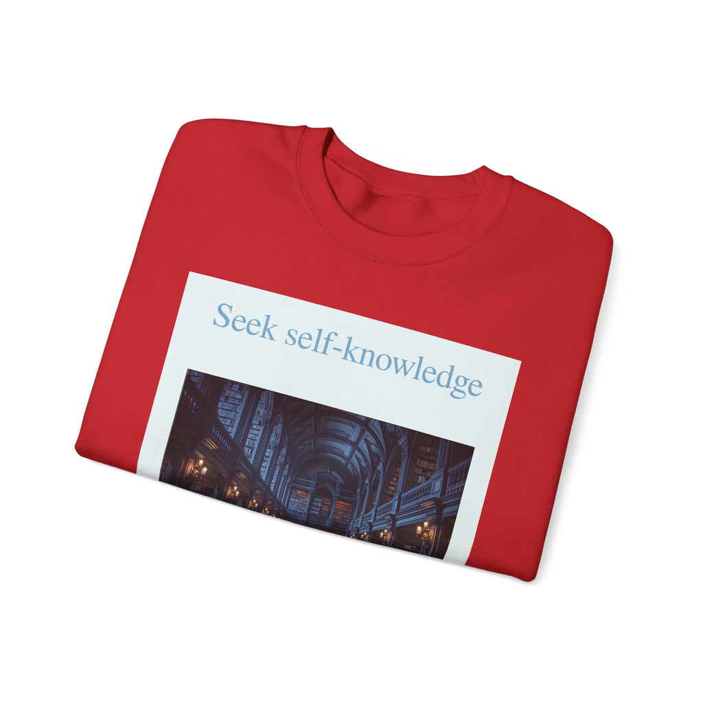 Crewneck Sweatshirt — "Seek Self-Knowledge" Library Photo Graphic