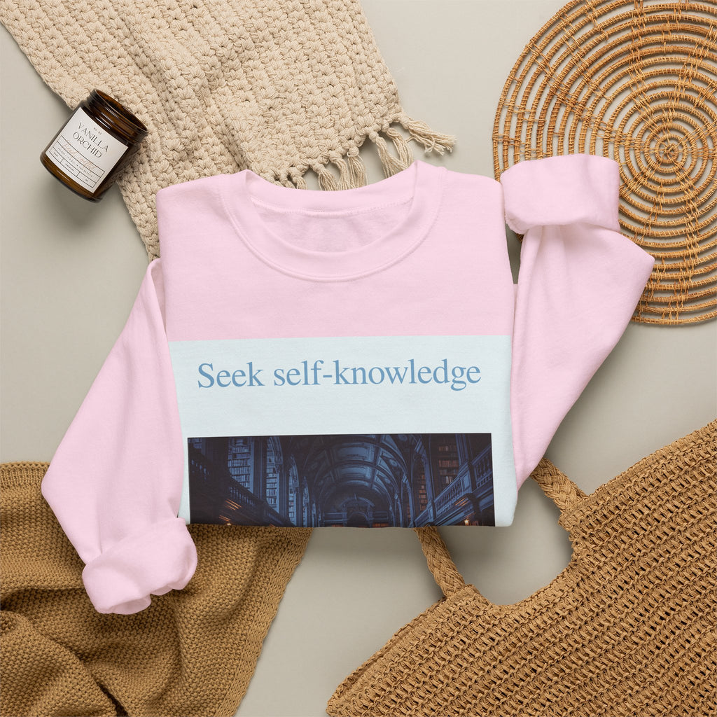 Crewneck Sweatshirt — "Seek Self-Knowledge" Library Photo Graphic