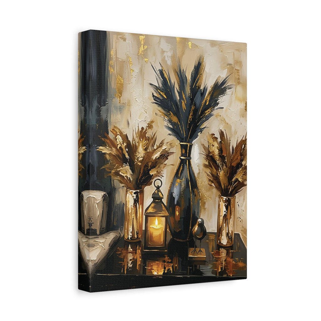 Blue and Amber Harmony – Pampas Still Life Stretched Canvas Wall Art