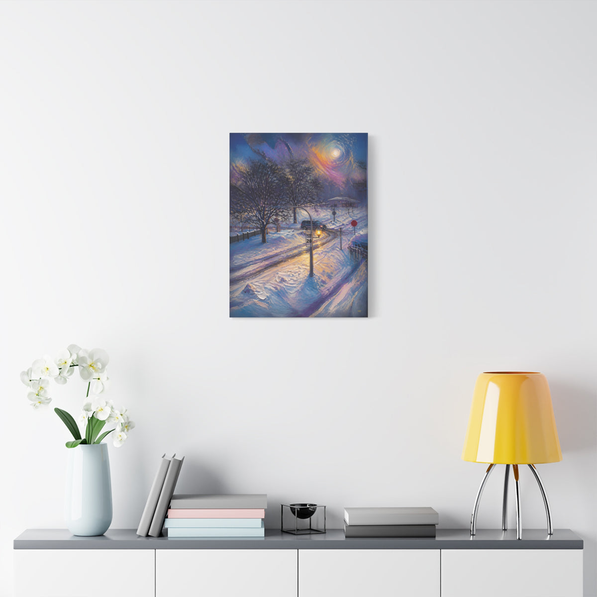 Moonlit Crossing – Snowy Street Stretched Canvas Wall Art