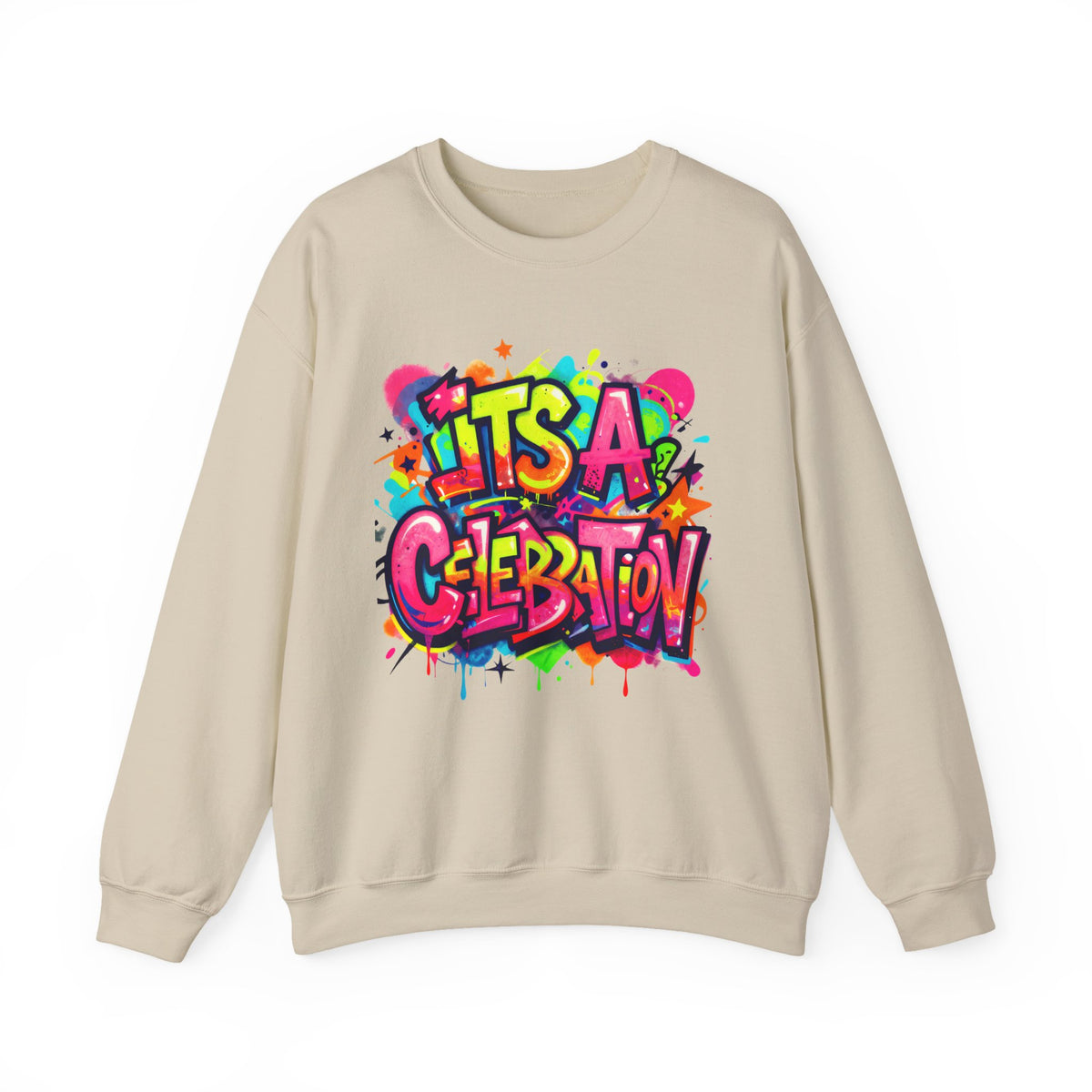 Crewneck Sweatshirt — Colorful "It's A Celebration" Graffiti Design