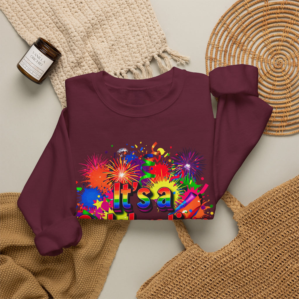 Celebration Crewneck Sweatshirt — "It's a Celebration" Colorful Party Graphic