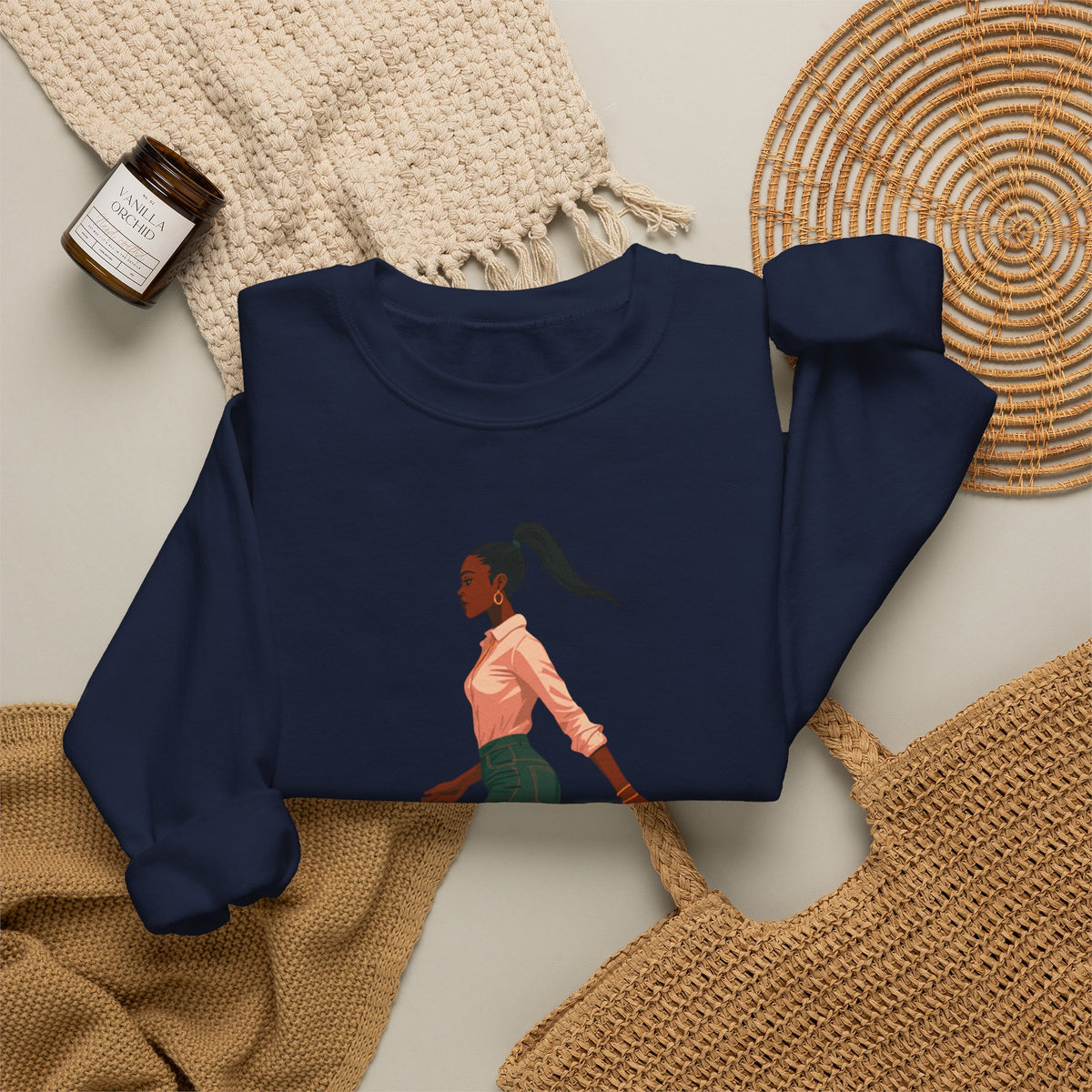 Crewneck Sweatshirt — Chic Walking Woman Graphic, Casual Everyday Pullover