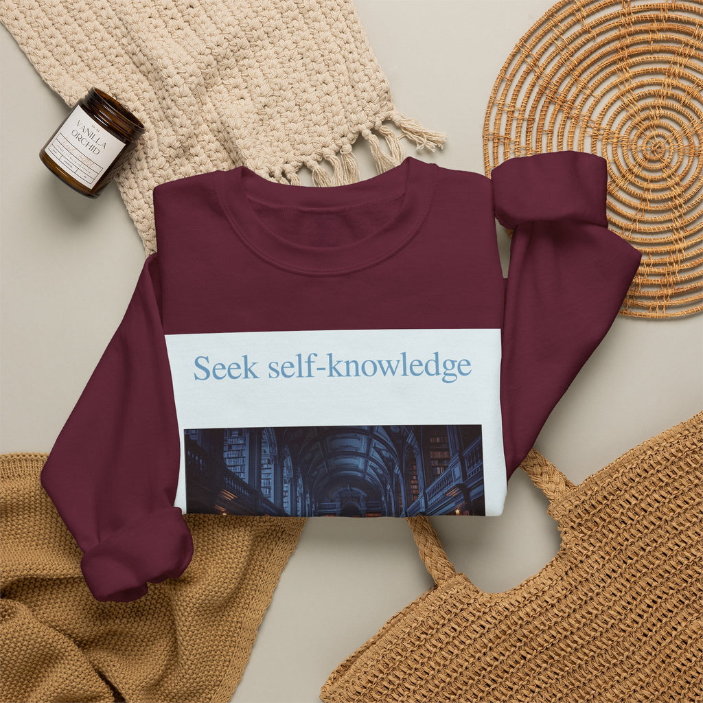 Crewneck Sweatshirt — "Seek Self-Knowledge" Library Photo Graphic