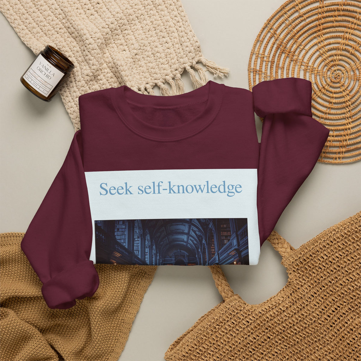 Crewneck Sweatshirt — "Seek Self-Knowledge" Library Photo Graphic