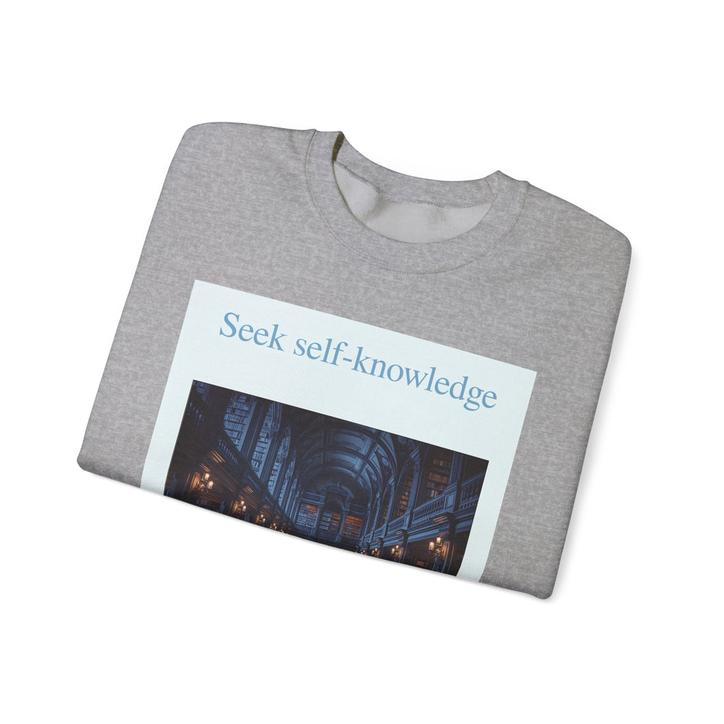 Crewneck Sweatshirt — "Seek Self-Knowledge" Library Photo Graphic