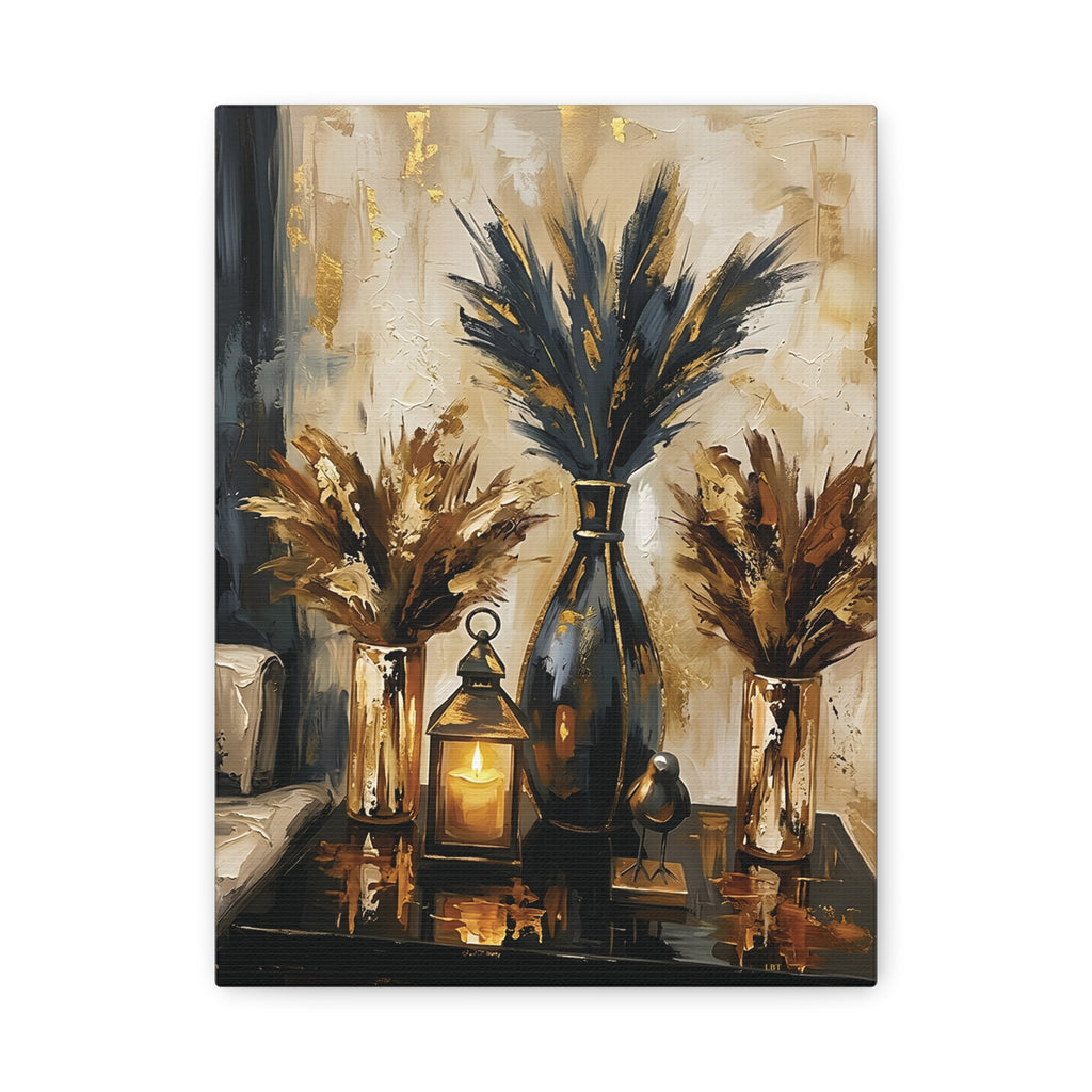 Blue and Amber Harmony – Pampas Still Life Stretched Canvas Wall Art