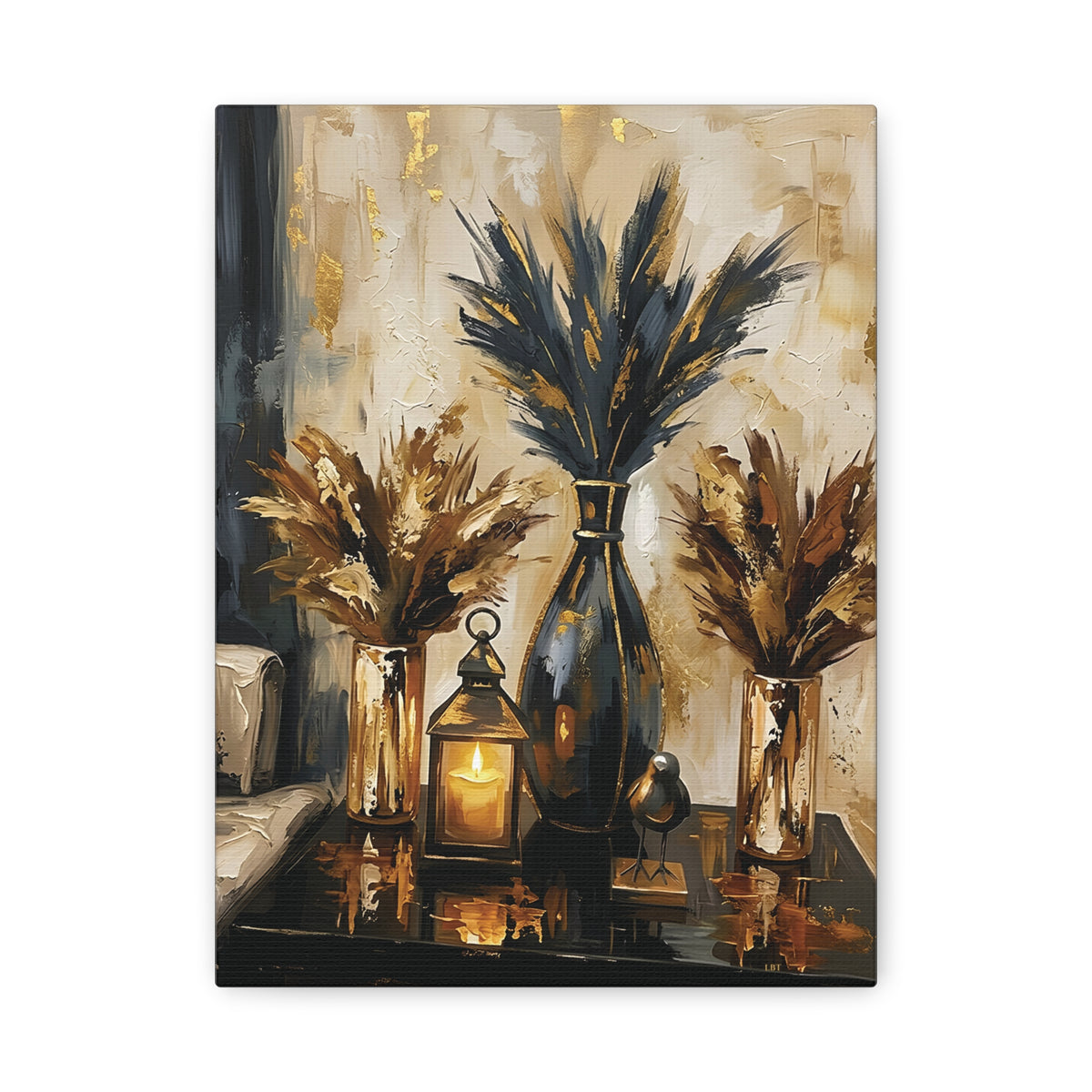 Blue and Amber Harmony – Pampas Still Life Stretched Canvas Wall Art