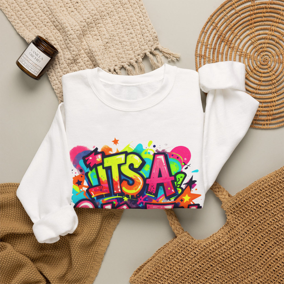 Crewneck Sweatshirt — Colorful "It's A Celebration" Graffiti Design