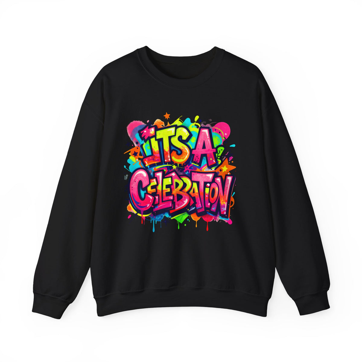 Crewneck Sweatshirt — Colorful "It's A Celebration" Graffiti Design