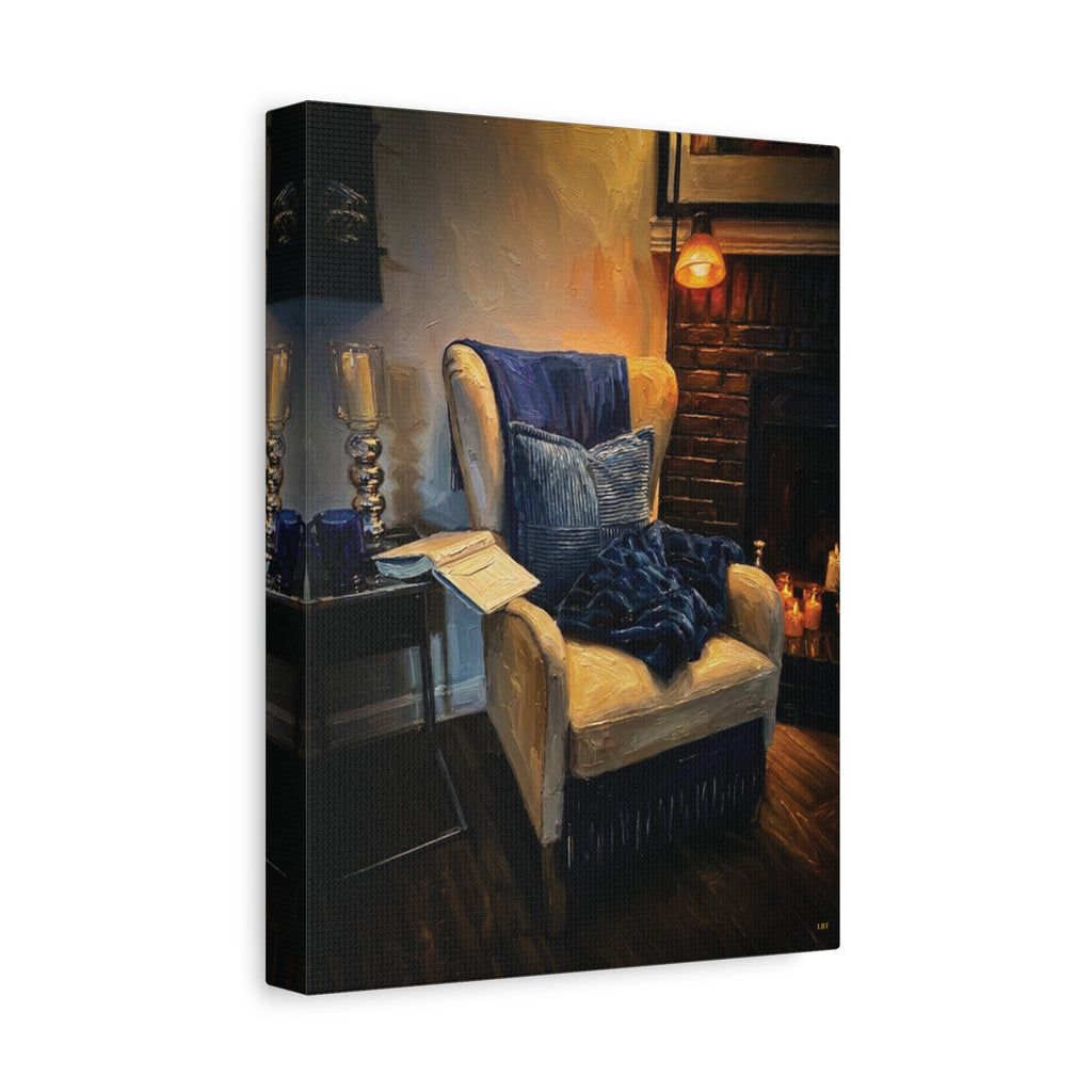 Fireside Retreat – Cozy Reading Nook Stretched Canvas Wall Art
