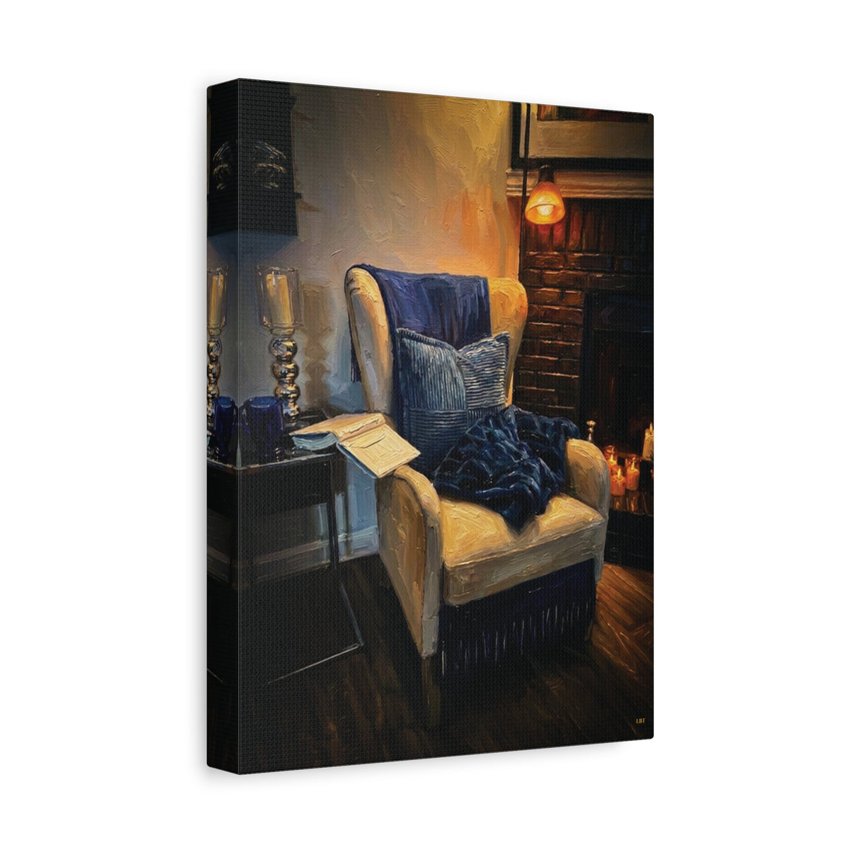 Fireside Retreat – Cozy Reading Nook Stretched Canvas Wall Art