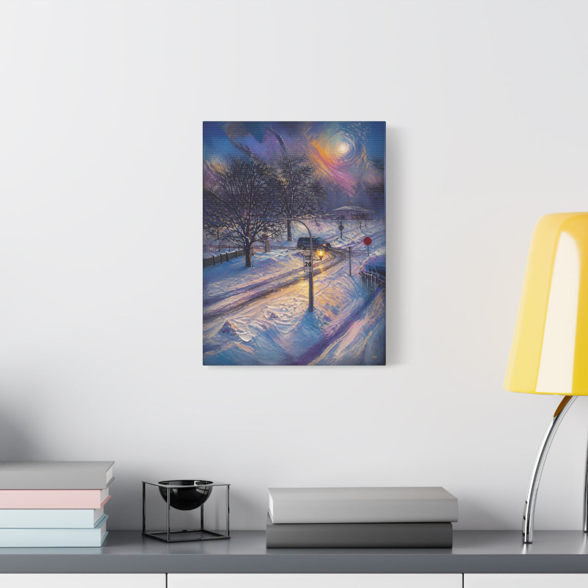 Moonlit Crossing – Snowy Street Stretched Canvas Wall Art