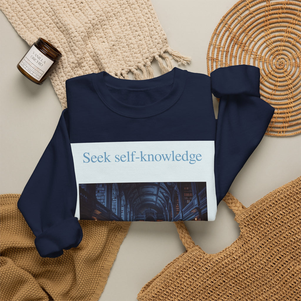 Crewneck Sweatshirt — "Seek Self-Knowledge" Library Photo Graphic