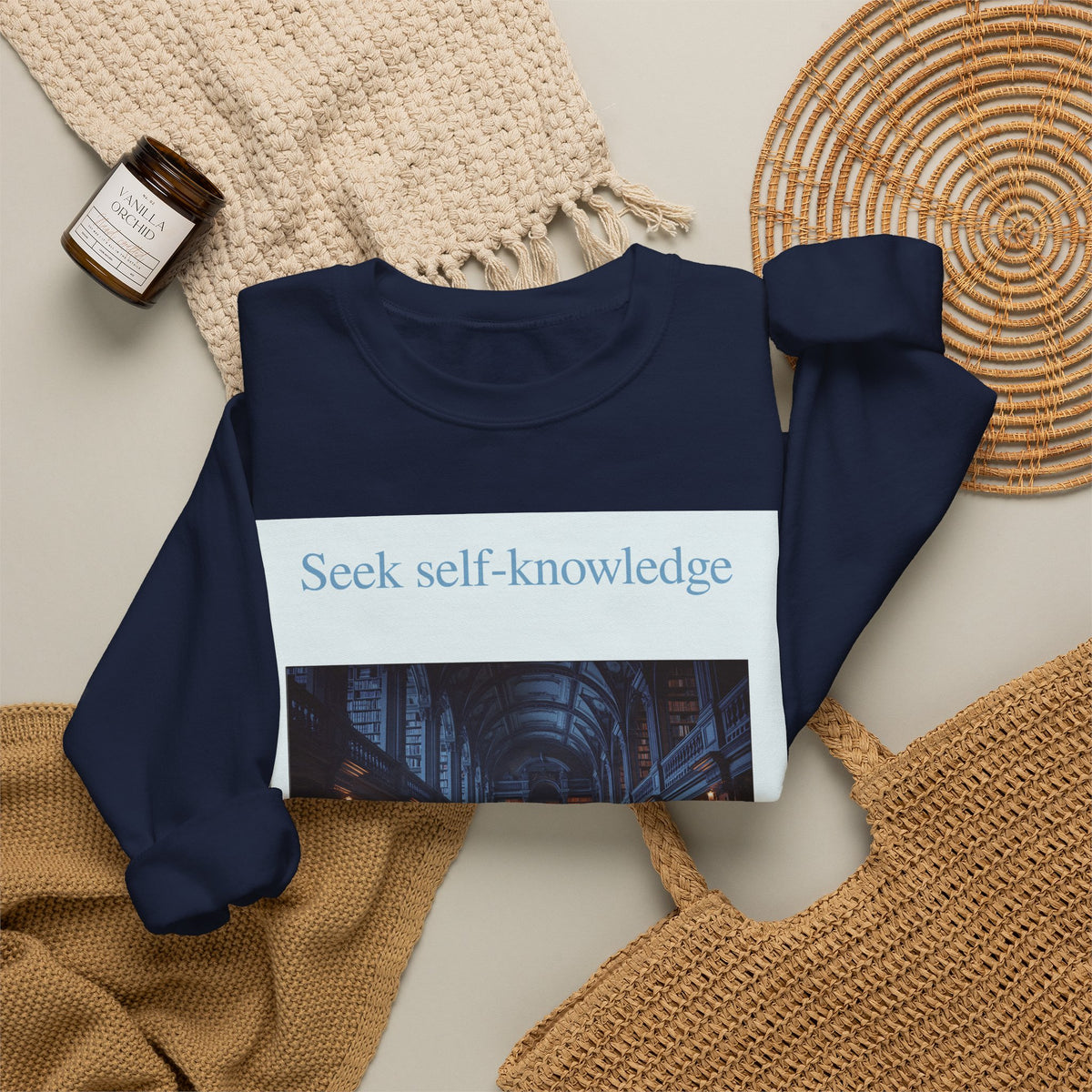 Crewneck Sweatshirt — "Seek Self-Knowledge" Library Photo Graphic