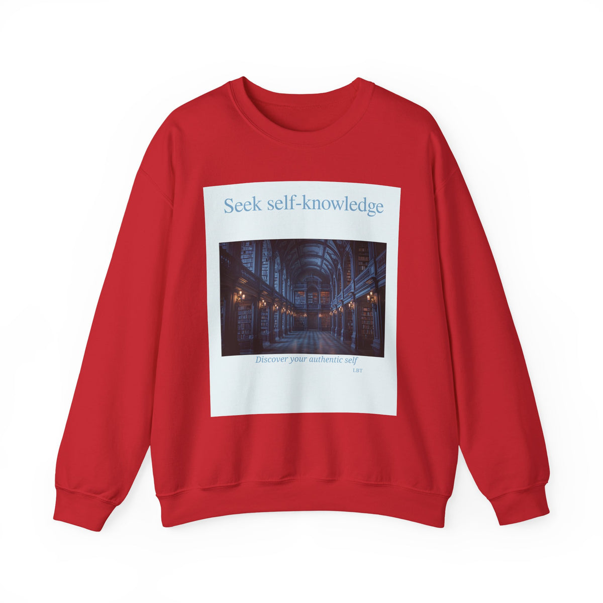 Crewneck Sweatshirt — "Seek Self-Knowledge" Library Photo Graphic