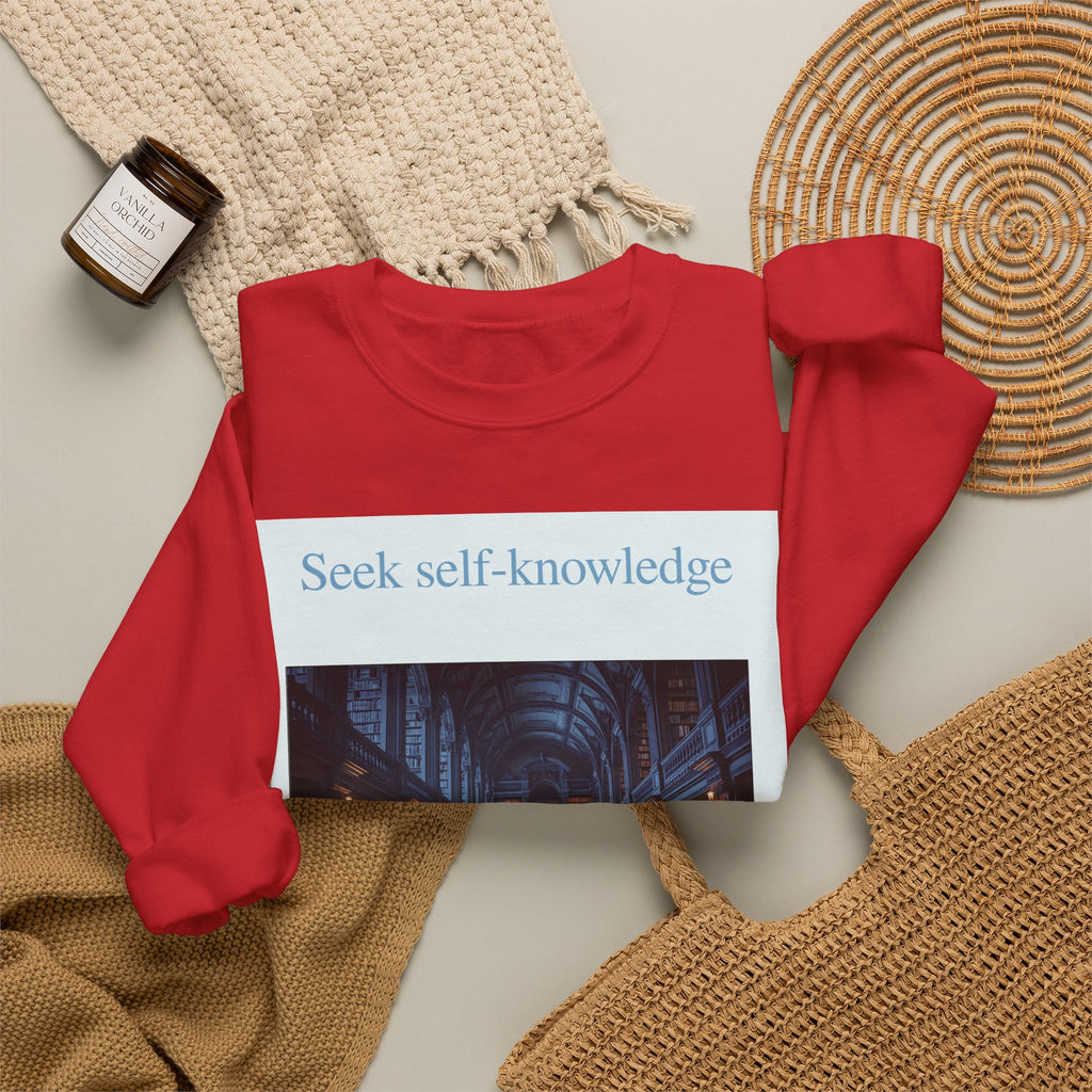 Crewneck Sweatshirt — "Seek Self-Knowledge" Library Photo Graphic
