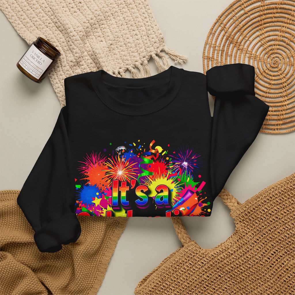 Celebration Crewneck Sweatshirt — "It's a Celebration" Colorful Party Graphic