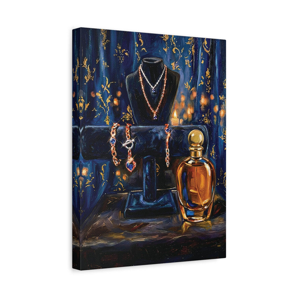 Gilded Adornment – Jewelry and Perfume Still Life Stretched Canvas Wall Art