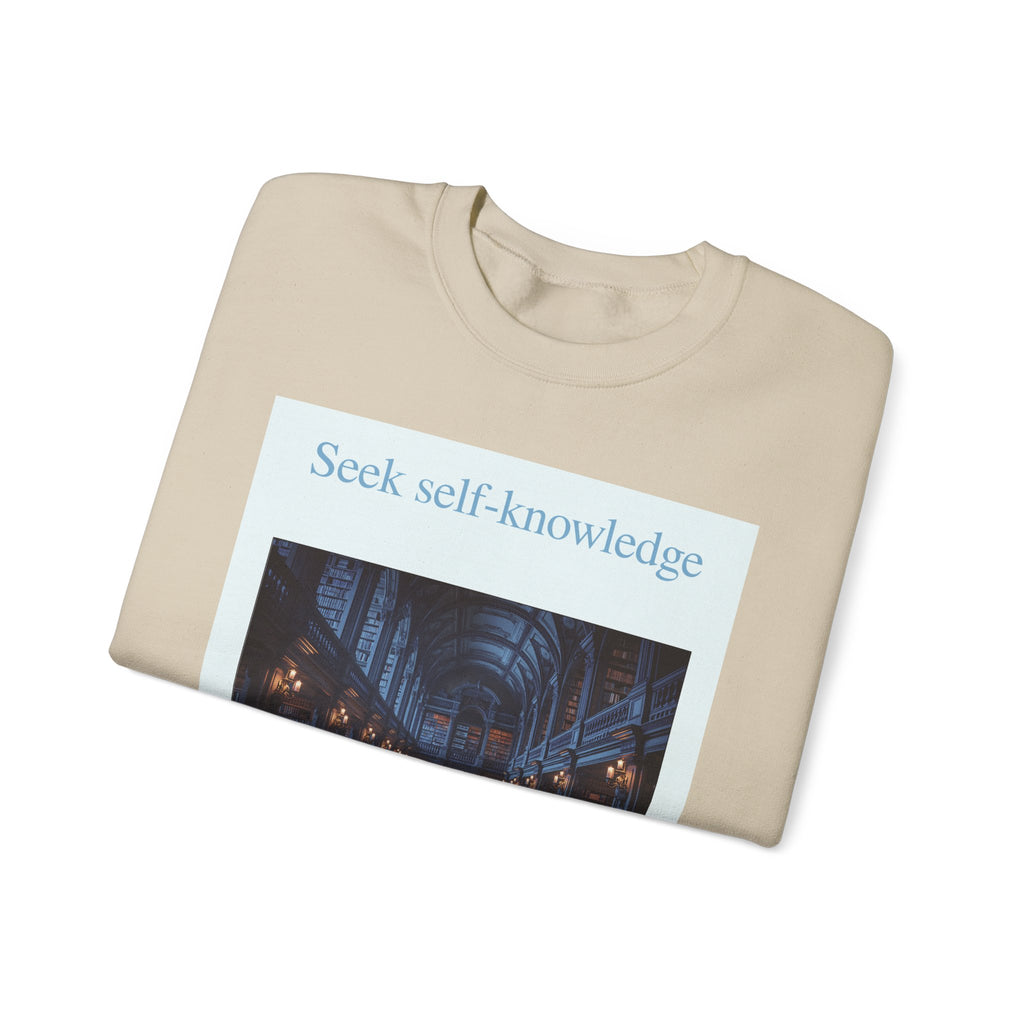 Crewneck Sweatshirt — "Seek Self-Knowledge" Library Photo Graphic
