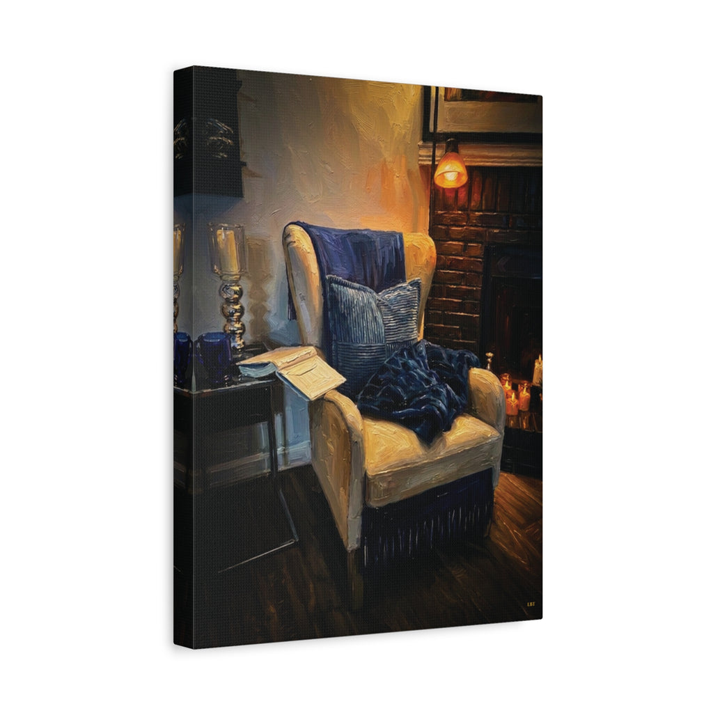 Fireside Retreat – Cozy Reading Nook Stretched Canvas Wall Art