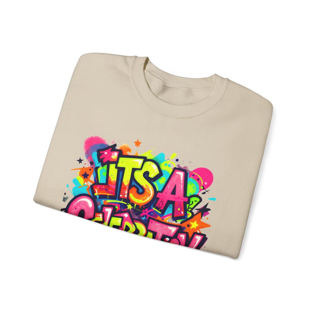 Crewneck Sweatshirt — Colorful "It's A Celebration" Graffiti Design