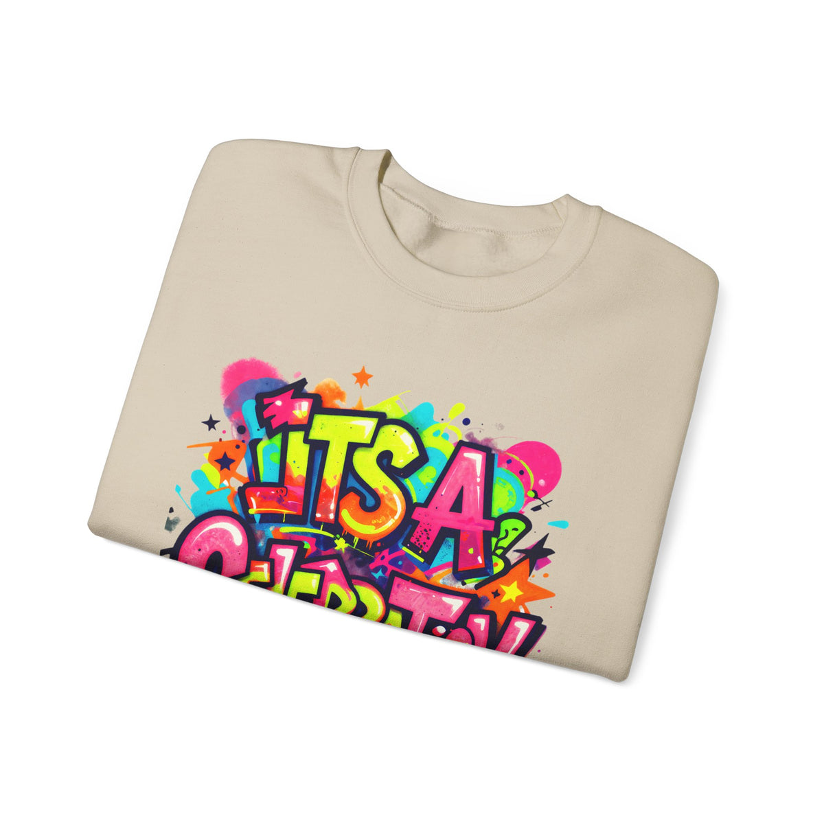 Crewneck Sweatshirt — Colorful "It's A Celebration" Graffiti Design