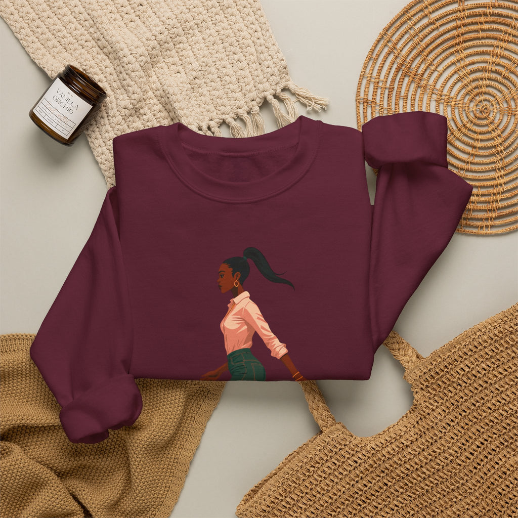 Crewneck Sweatshirt — Chic Walking Woman Graphic, Casual Everyday Pullover