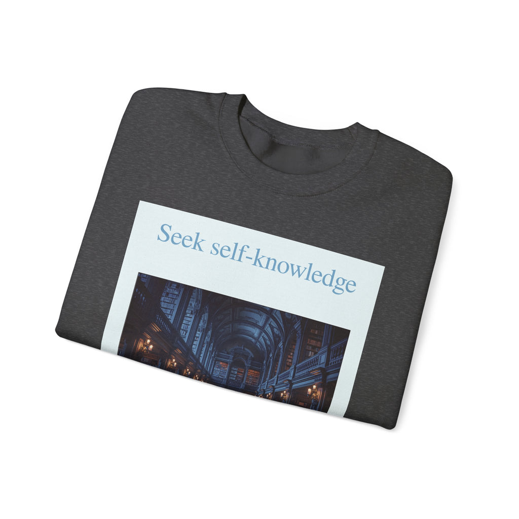 Crewneck Sweatshirt — "Seek Self-Knowledge" Library Photo Graphic