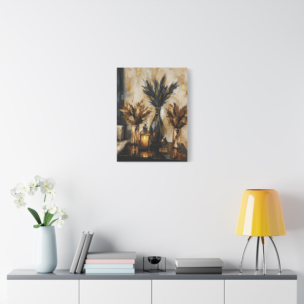 Blue and Amber Harmony – Pampas Still Life Stretched Canvas Wall Art