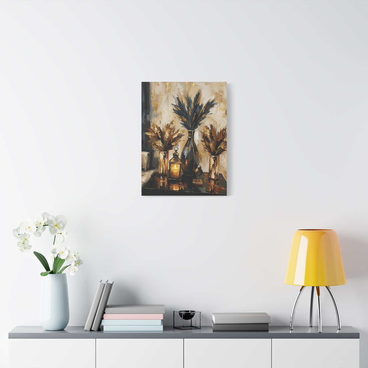 Blue and Amber Harmony – Pampas Still Life Stretched Canvas Wall Art