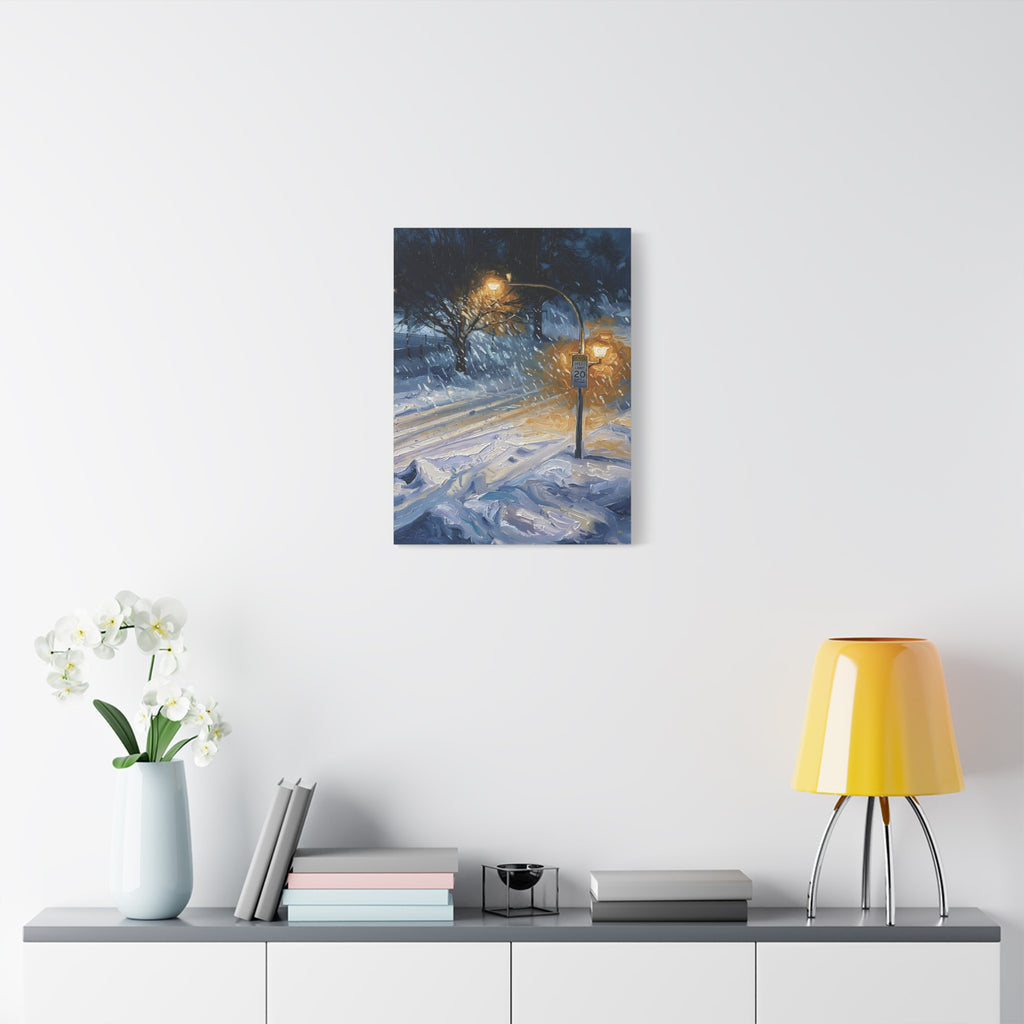 Winter Glow – Snowy Streetlight Stretched Canvas Wall Art