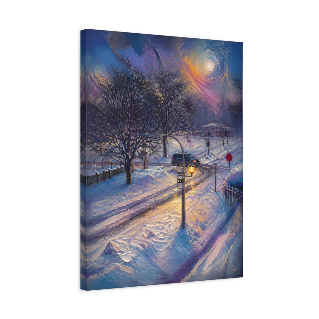 Moonlit Crossing – Snowy Street Stretched Canvas Wall Art