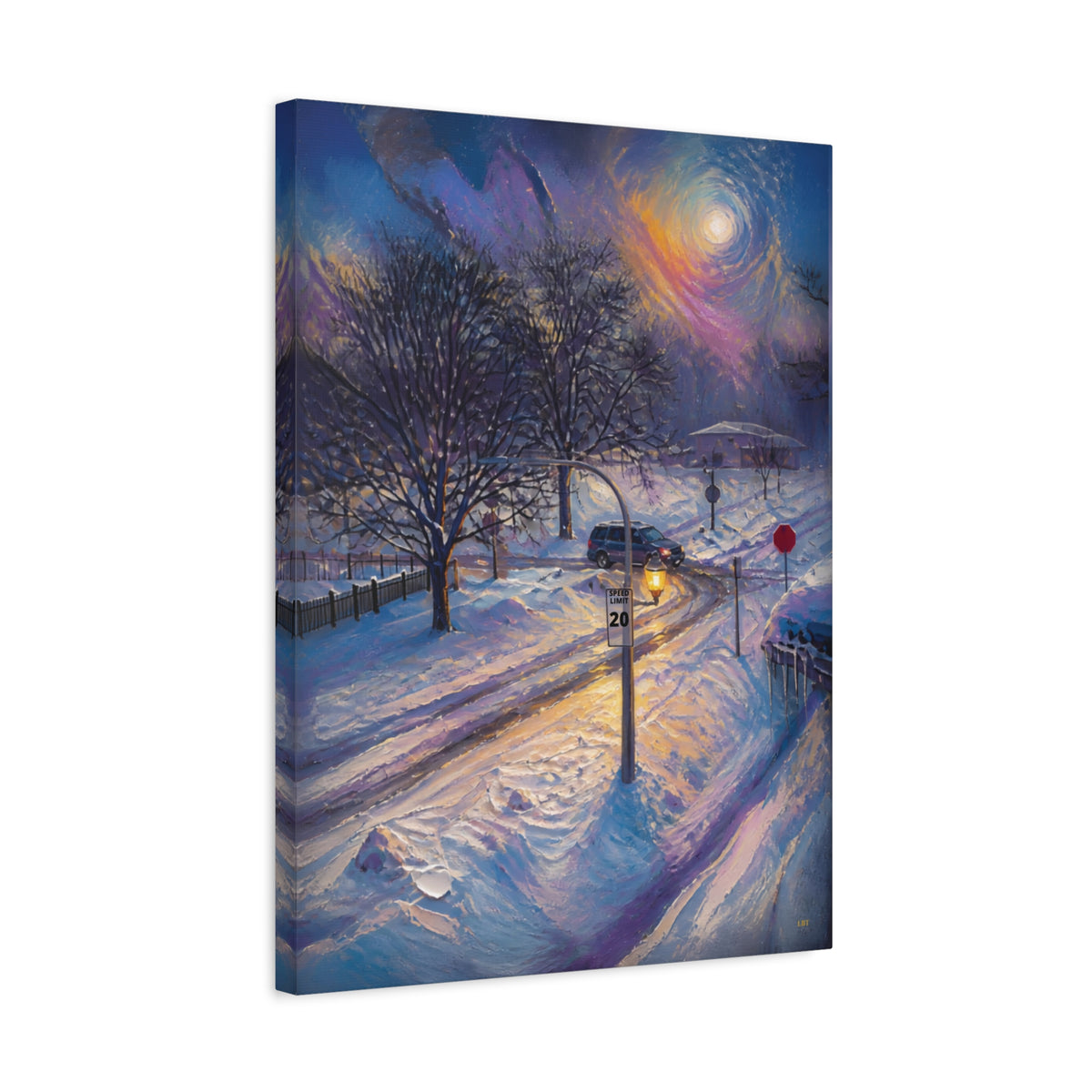 Moonlit Crossing – Snowy Street Stretched Canvas Wall Art