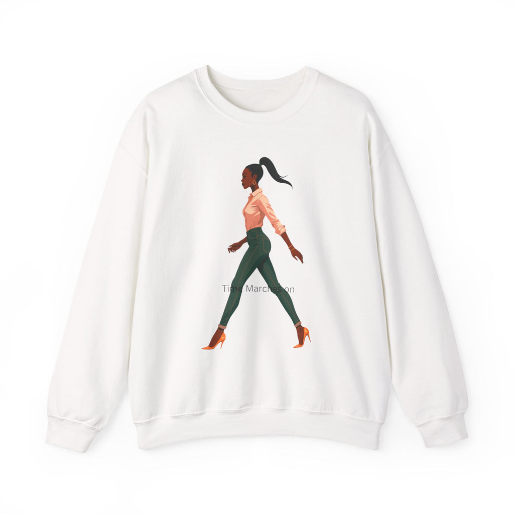 Crewneck Sweatshirt — Chic Walking Woman Graphic, Casual Everyday Pullover