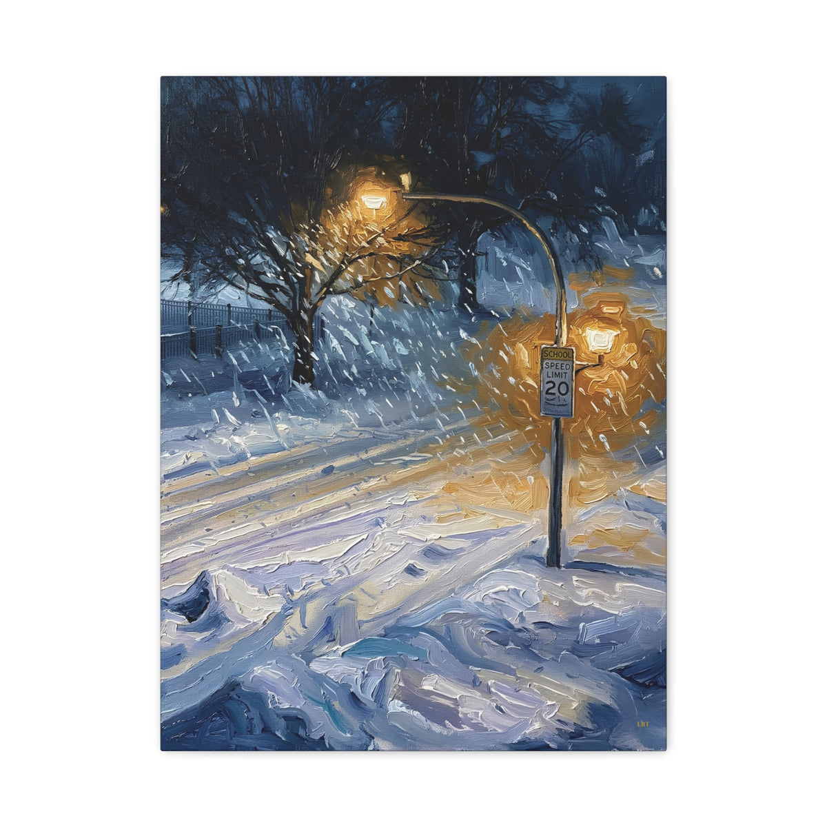 Winter Glow – Snowy Streetlight Stretched Canvas Wall Art