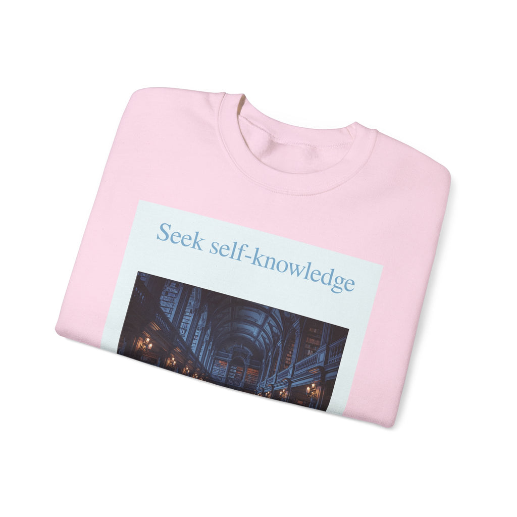 Crewneck Sweatshirt — "Seek Self-Knowledge" Library Photo Graphic